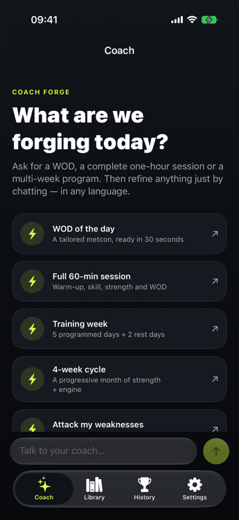 WOD Forge coach screen asking “What are we forging today?” with quick prompts for a WOD, a full session or a program